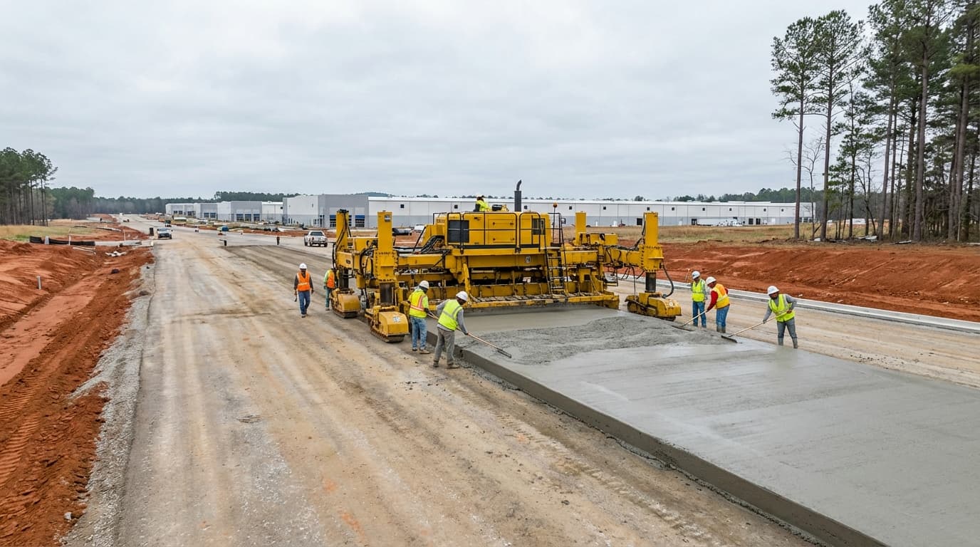 Slipform paver placing a commercial concrete lane
