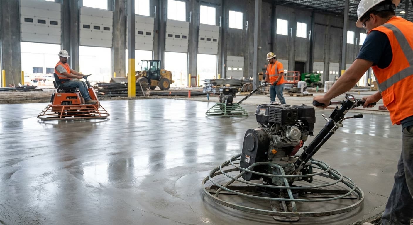 Power-trowelling an interior warehouse floor
