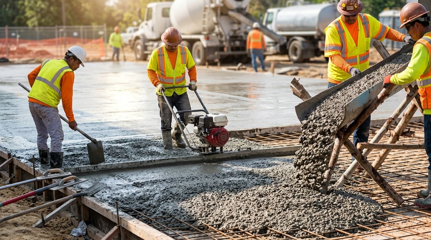 Crew screeding and finishing a large commercial pour
