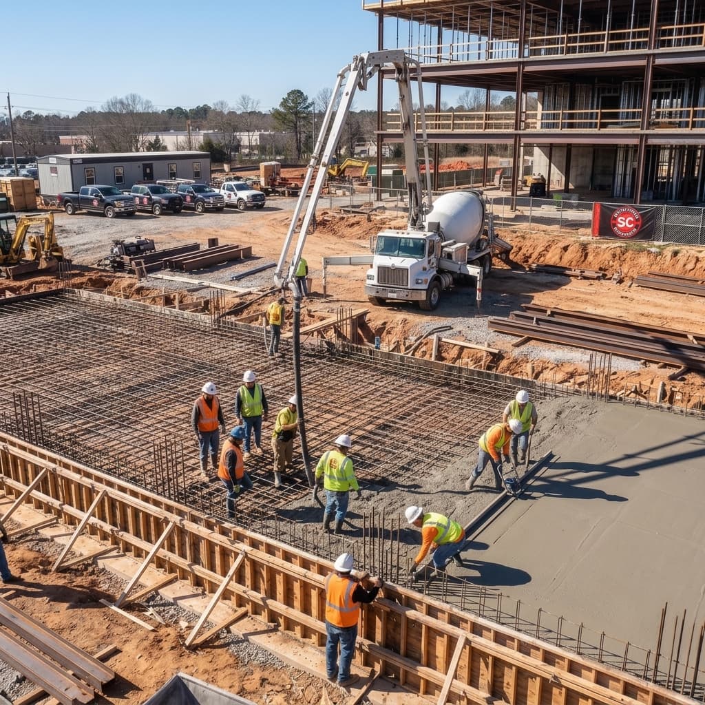 Boom pump placing a large formed and reinforced building foundation