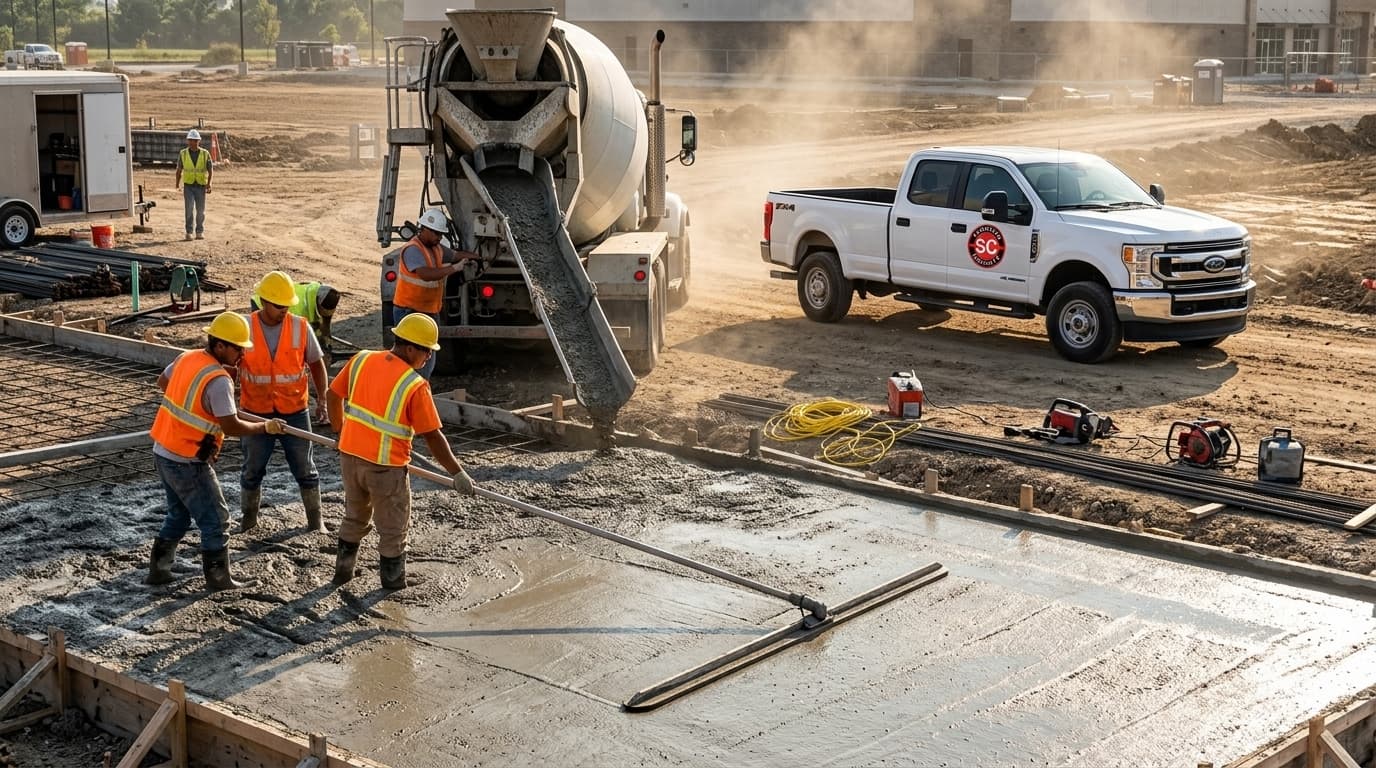 Sconyers Concrete crew screeding a commercial slab beside a company truck