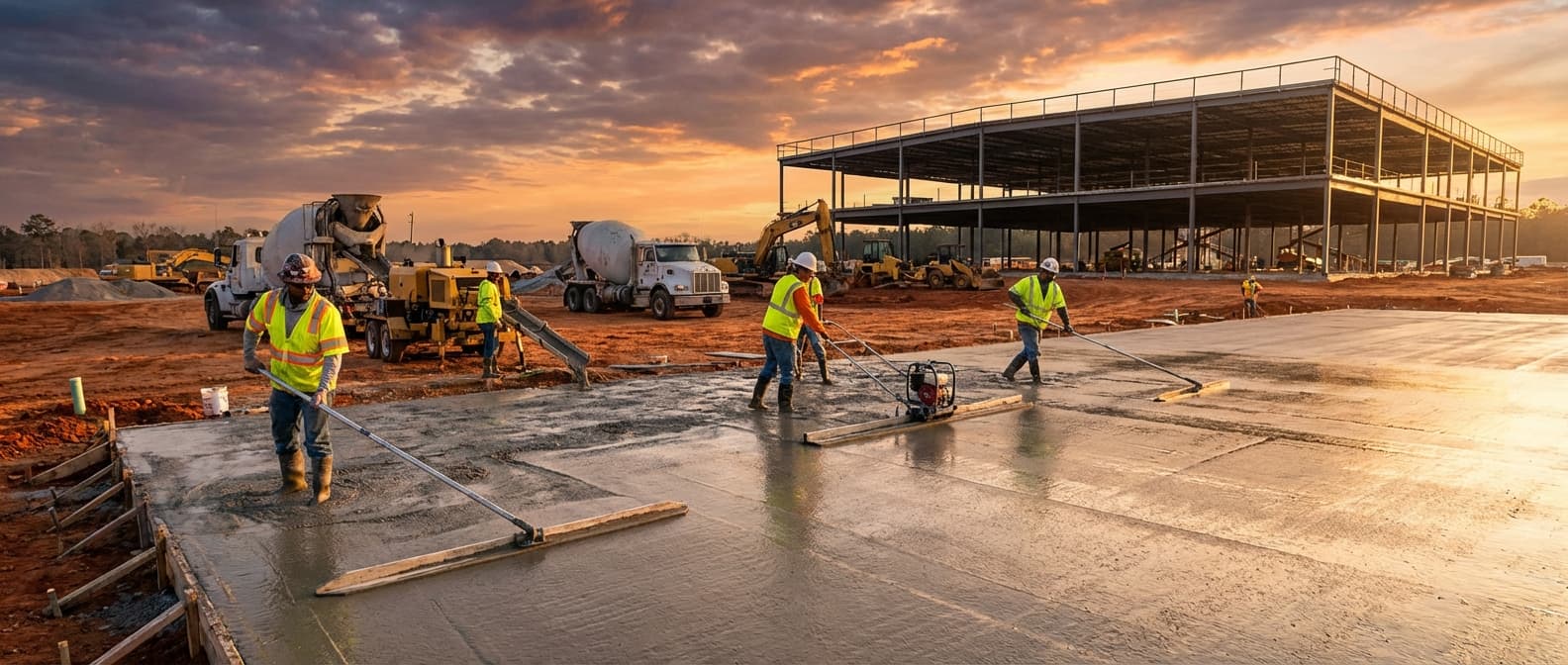 Crew placing and finishing a large exterior concrete pour