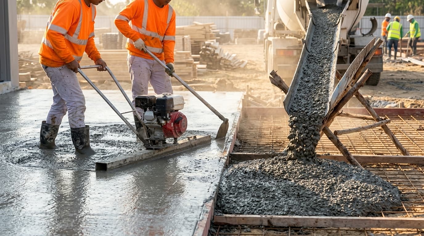 Power screed levelling a fresh pour beside a mixer chute