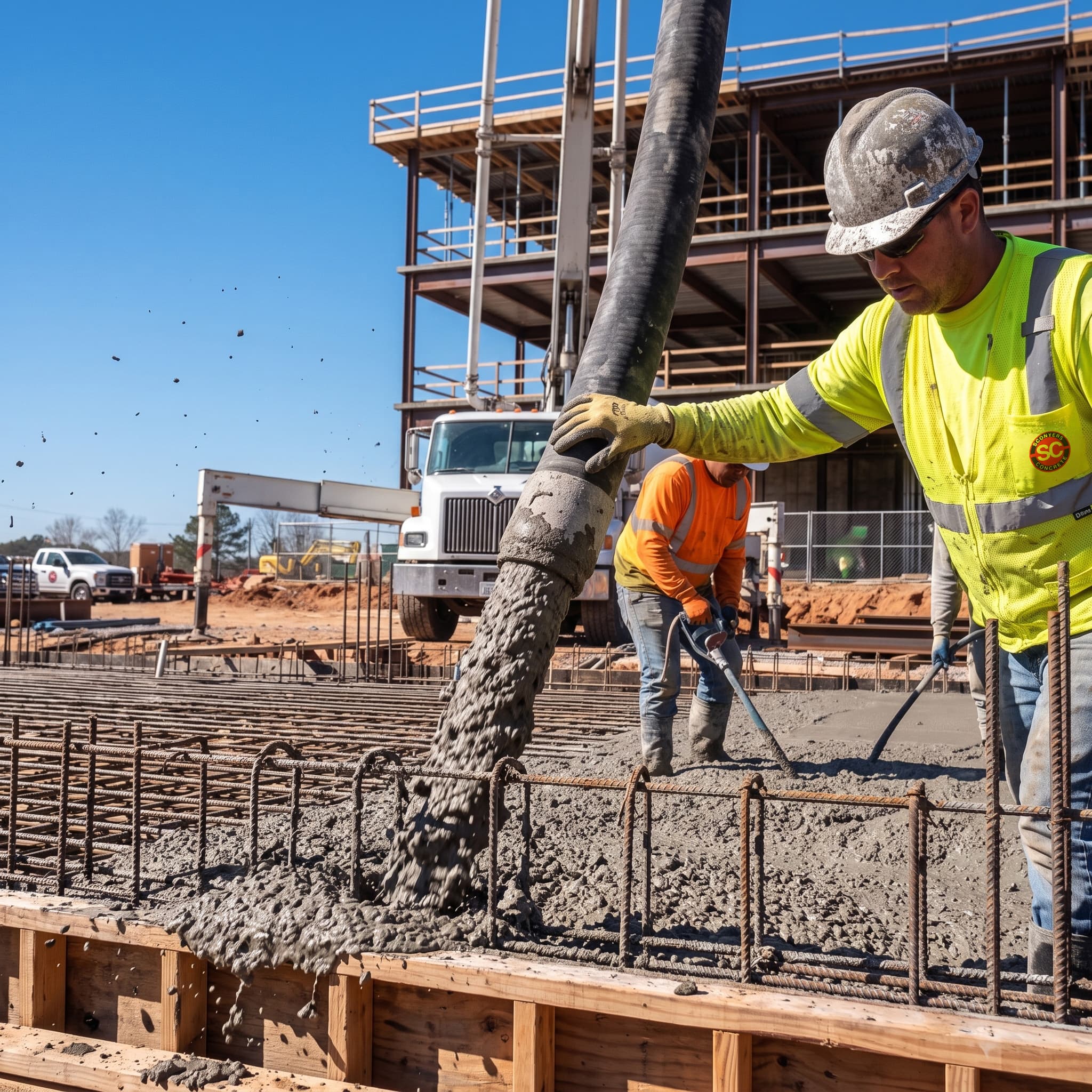Placing concrete by pump hose into a dense mat of reinforcing steel