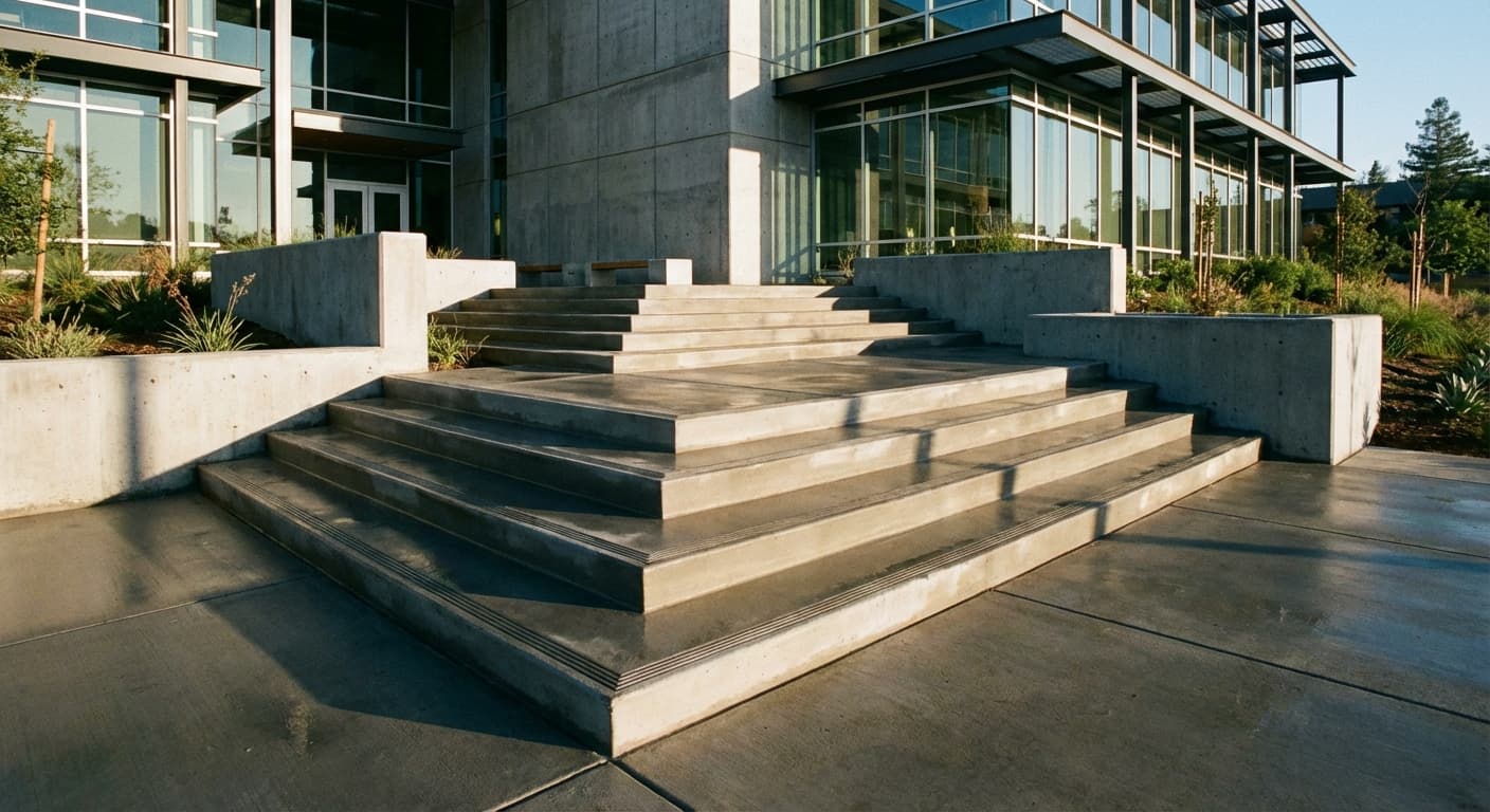 Finished commercial concrete stairs with handrail mounted